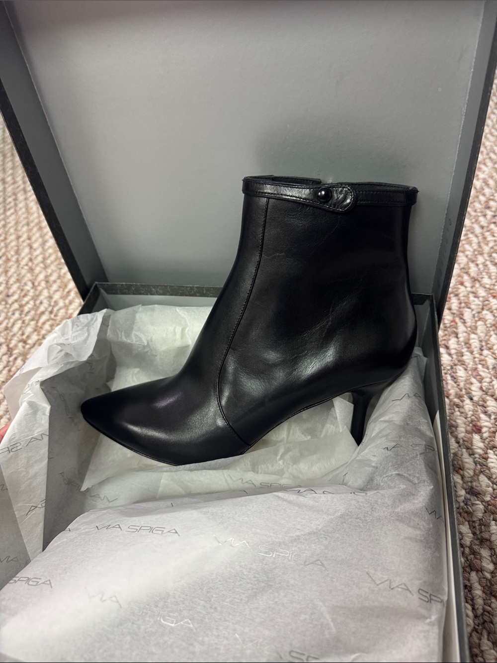 NWT Via Spiga Black Leather Pointed Toe Ankle Booties with Button Trim